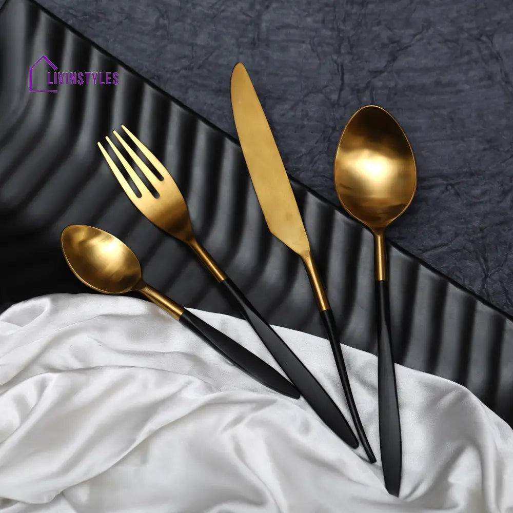 Midnight Opulence Black & Gold Cutlery Set Of 16