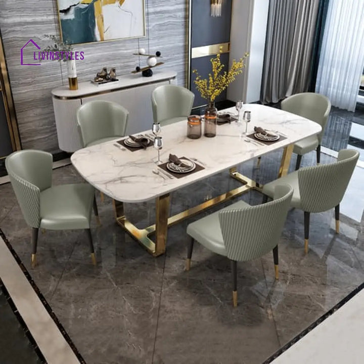 Mitansh Stainless Steel With Pvd Coated Dining Table Set Marble Top - 6 Chairs