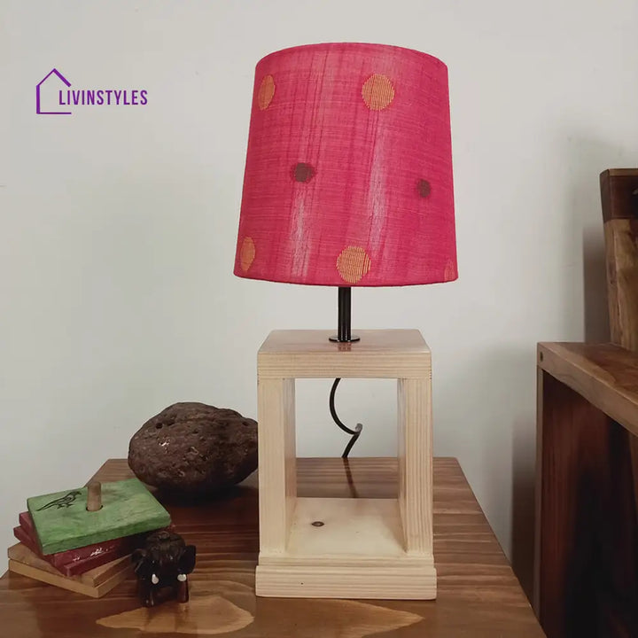 Moby Beige Wooden Table Lamp With Red Printed Fabric Lampshade Lamps