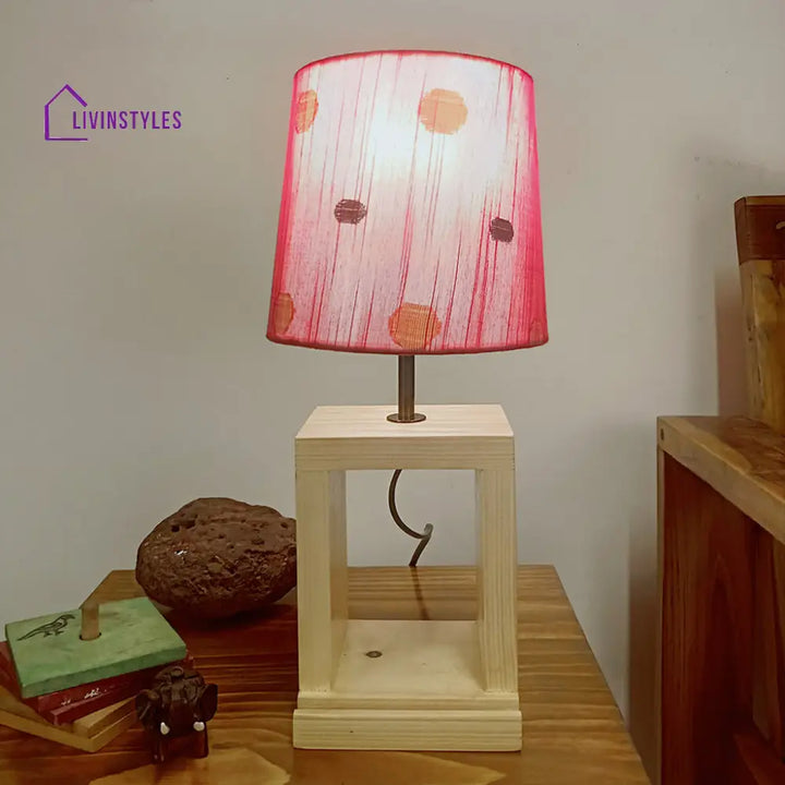 Moby Beige Wooden Table Lamp With Red Printed Fabric Lampshade Lamps