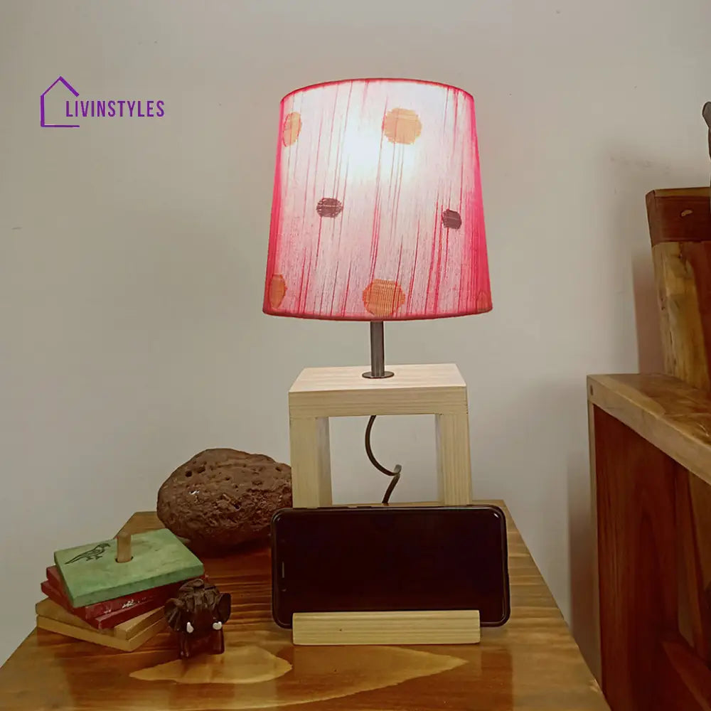 Moby Beige Wooden Table Lamp With Red Printed Fabric Lampshade Lamps