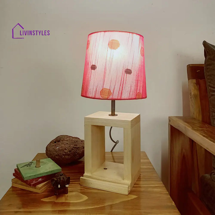 Moby Beige Wooden Table Lamp With Red Printed Fabric Lampshade Lamps