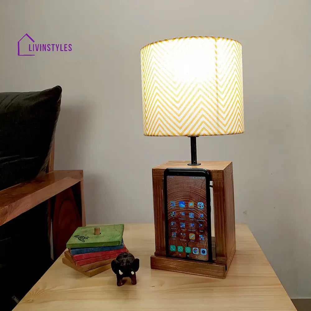 Moby Brown Wooden Table Lamp With Yellow Printed Fabric Lampshade Lamps