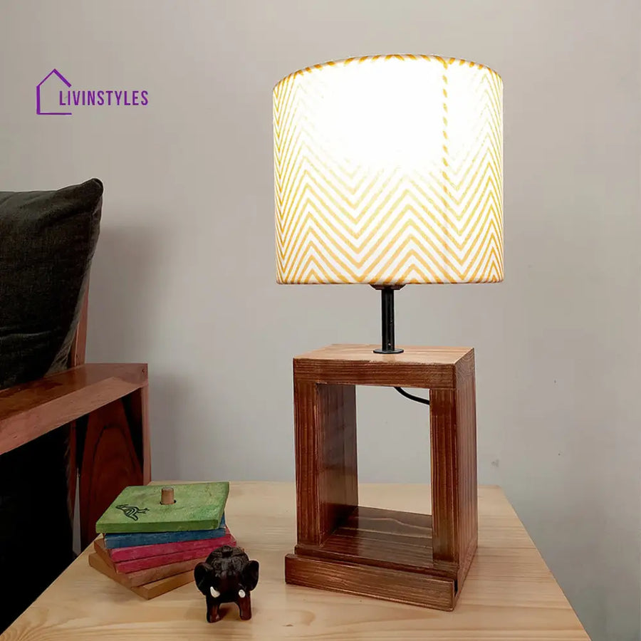 Moby Brown Wooden Table Lamp With Yellow Printed Fabric Lampshade Lamps