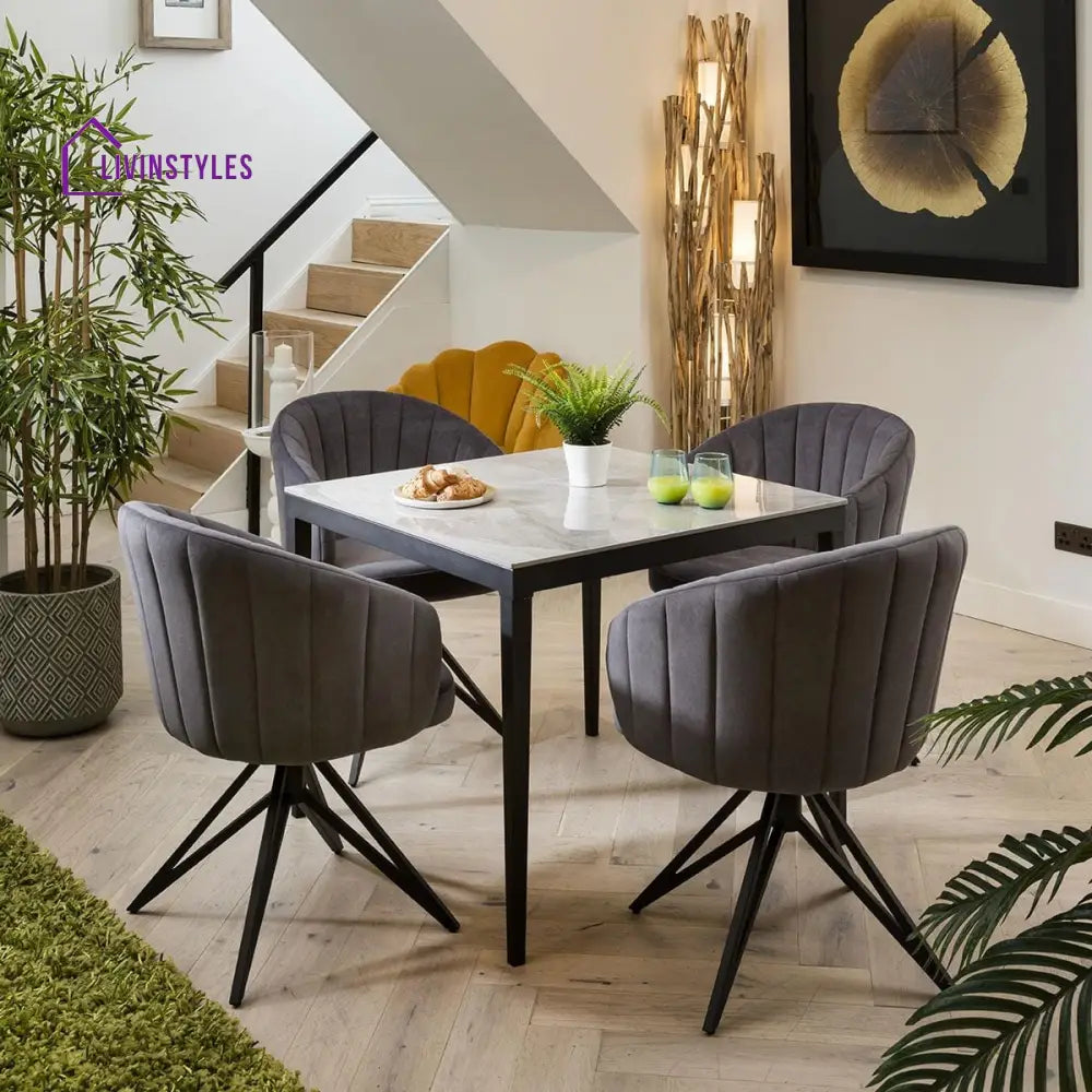 Modern 4 Seater Dining Table And Chairs Set - Grey Ceramic Marble Top Room / Sets