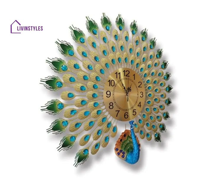 Modern Analog Clock - 3D Peacock Feather Metal Wall In Large