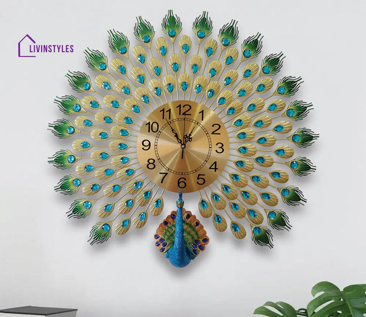 Modern Analog Clock - 3D Peacock Feather Metal Wall In Large