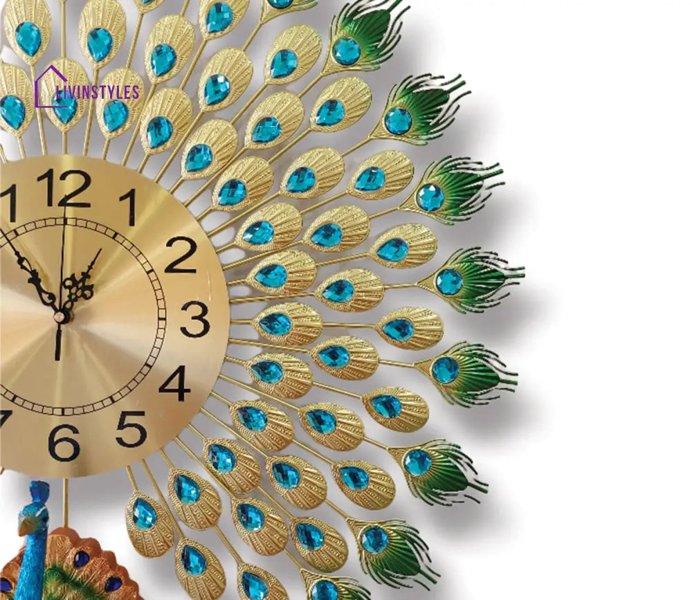 Modern Analog Clock - 3D Peacock Feather Metal Wall In Large