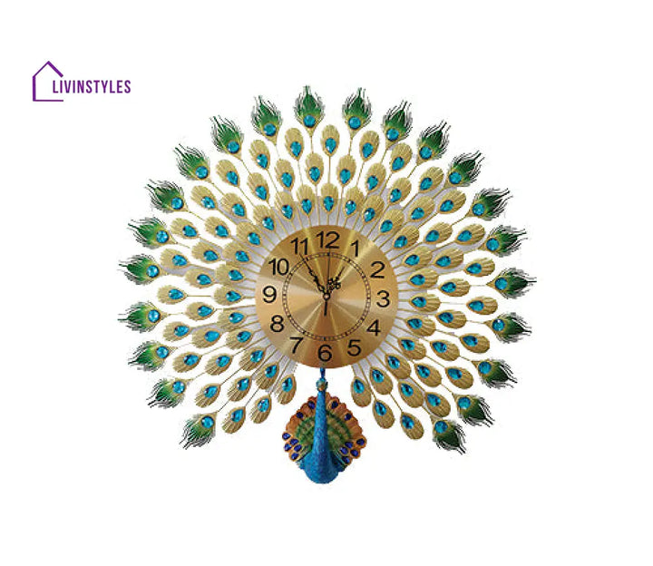 Modern Analog Clock - 3D Peacock Feather Metal Wall In Large