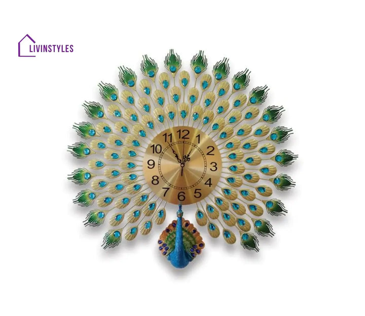 Modern Analog Clock - 3D Peacock Feather Metal Wall In Large