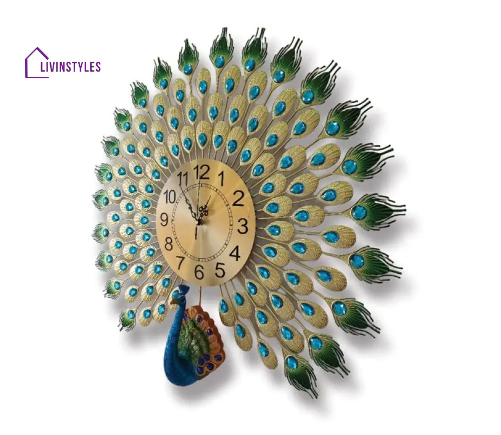 Modern Analog Clock - 3D Peacock Feather Metal Wall In Large