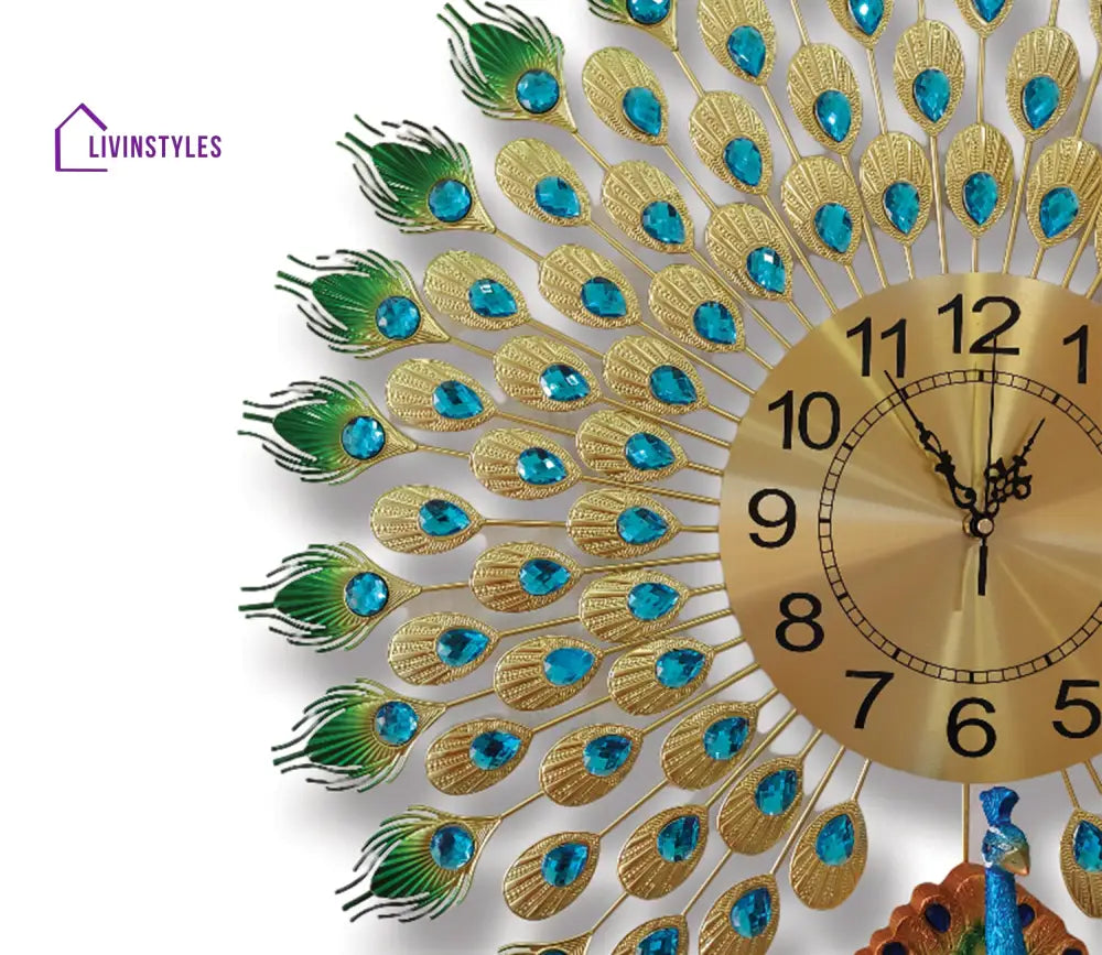 Modern Analog Clock - 3D Peacock Feather Metal Wall In Large