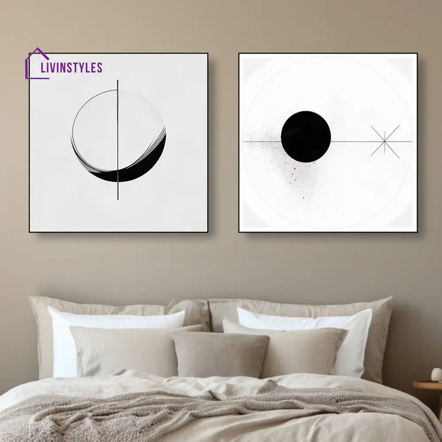 Modern Black And White Circles Set Of 2 Canvas Wall Painting