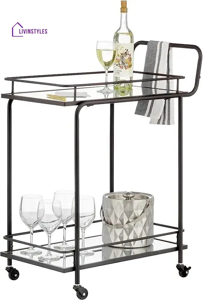 Modern Black Iron Trolley With Glass Top - 2 Tier Bar Cart Serving Trays