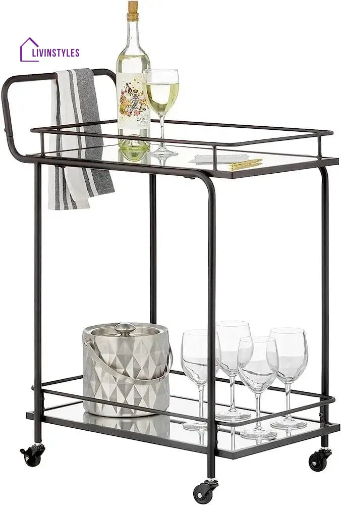 Modern Black Iron Trolley With Glass Top - 2 Tier Bar Cart Serving Trays