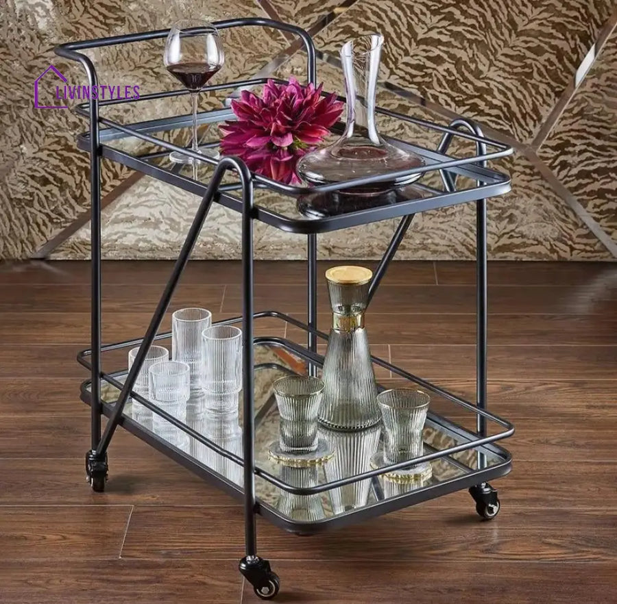 Modern Black Iron Trolley with Glass Top