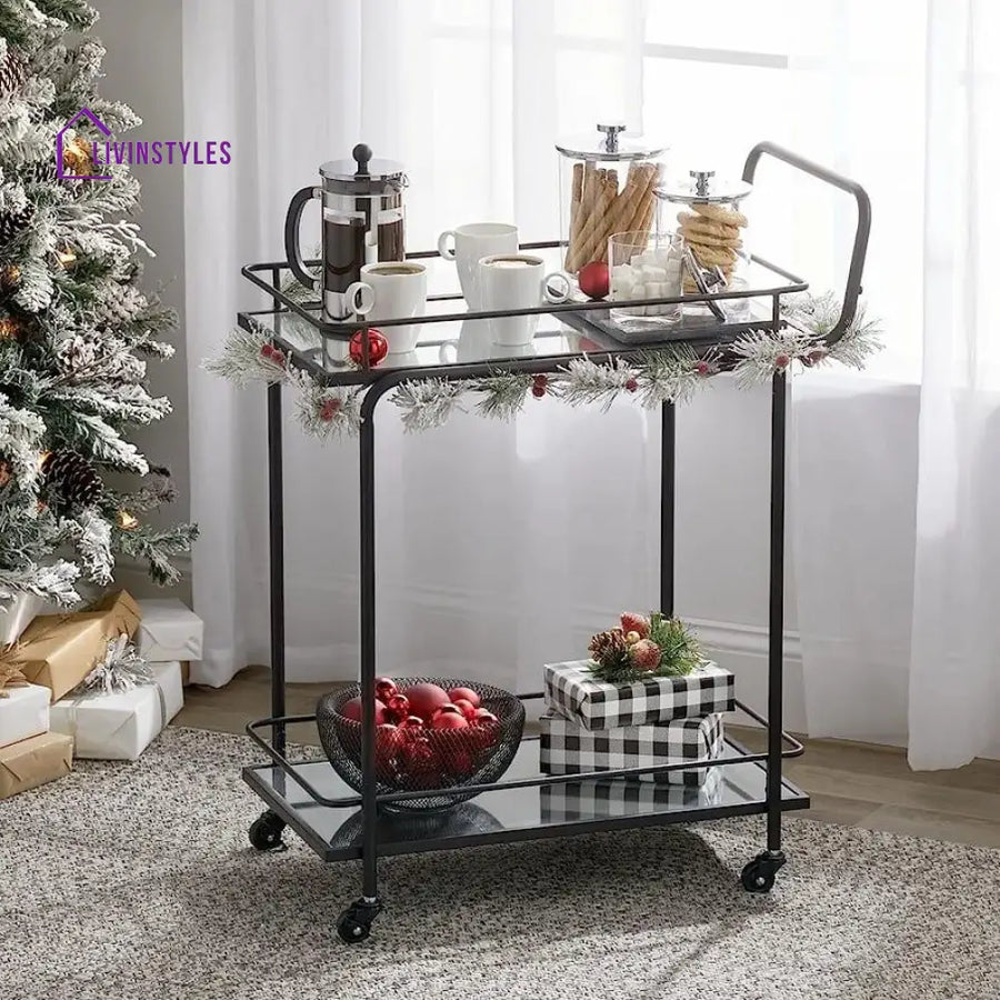 Modern Black Iron Trolley with Glass Top