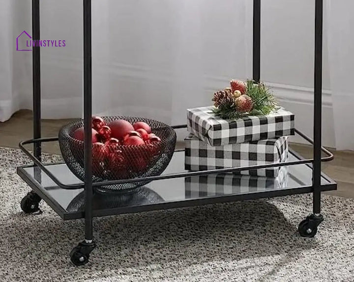 Modern Black Iron Trolley With Glass Top - 2 Tier Bar Cart Serving Trays