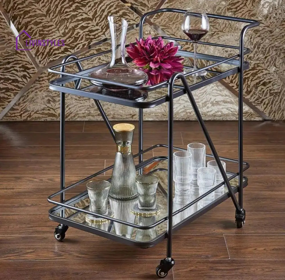 Modern Black Iron Trolley With Glass Top - 2 Tier Bar Cart Serving Trays