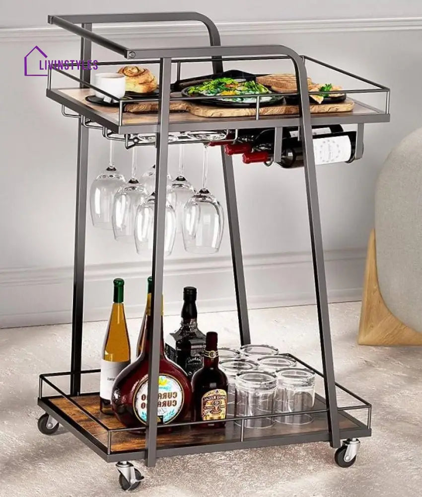 Modern Black Iron Trolley With Wooden Top - 2 Tier Bar Cart Serving Trays