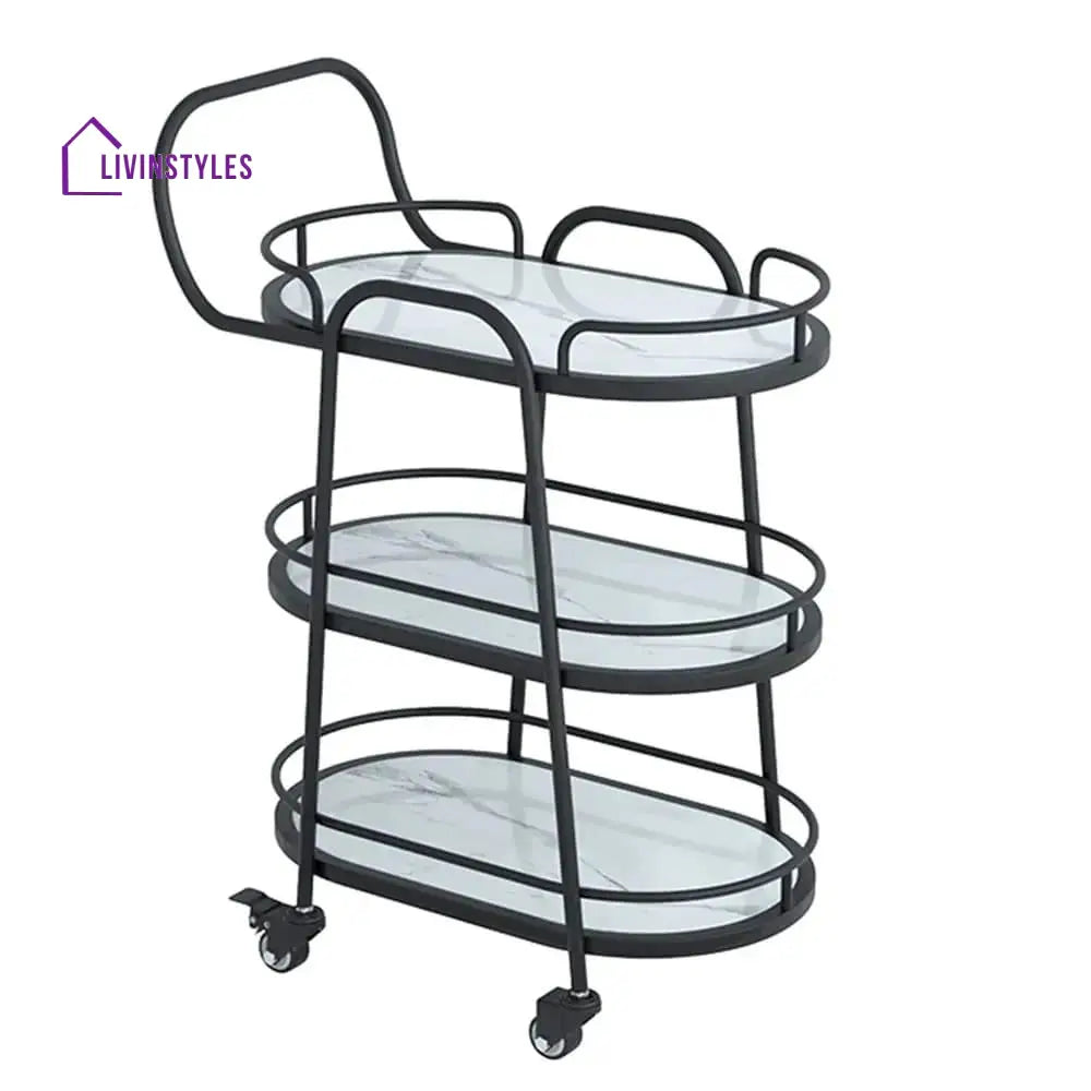 Modern Black Oval Trolley With White Marble Top - 3 Tier Bar Cart Serving Trays