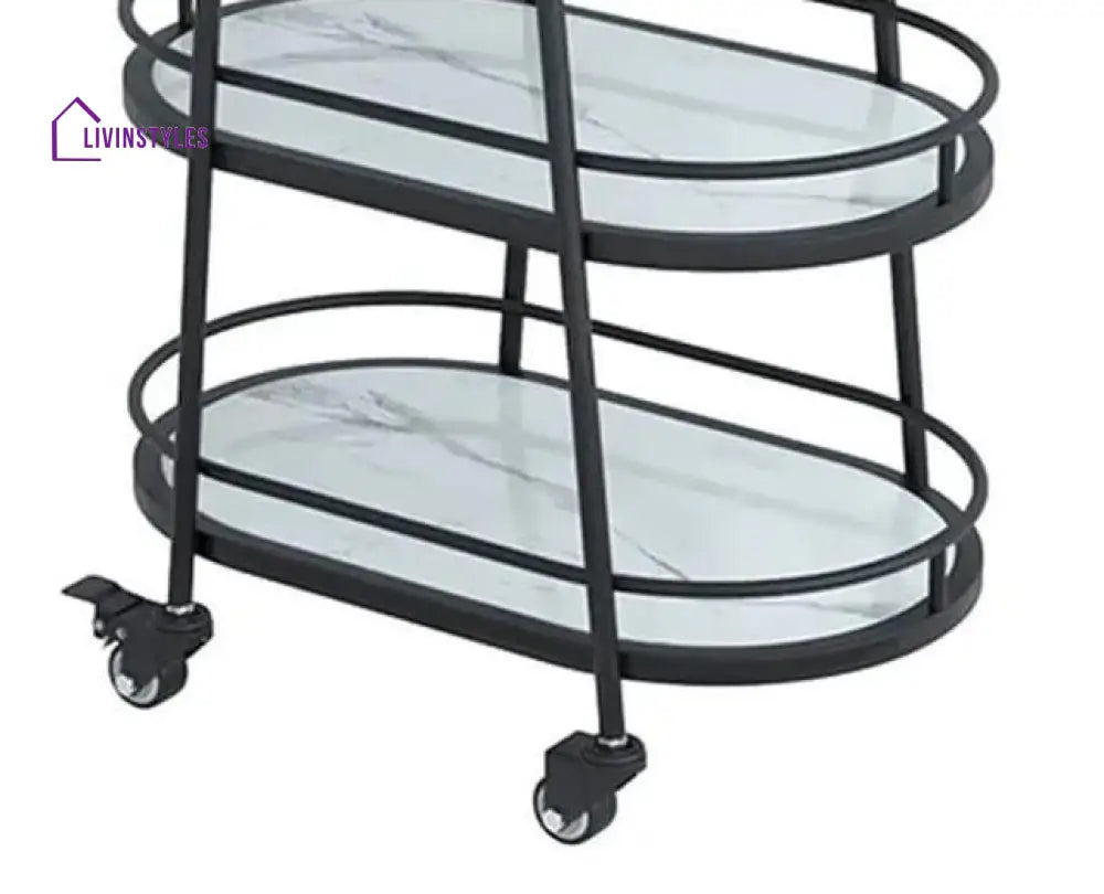 Modern Black Oval Trolley With White Marble Top - 3 Tier Bar Cart Serving Trays