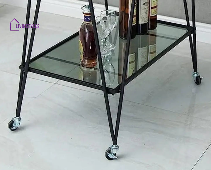 Modern Black Rectangle Trolley With Tinted Glass - 2 Tier Bar Cart Serving Trays