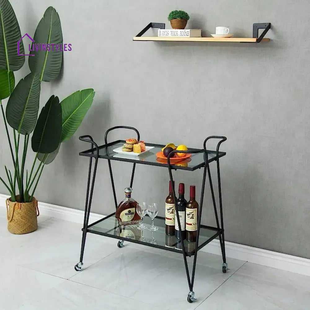 Modern Black Rectangle Trolley With Tinted Glass - 2 Tier Bar Cart Serving Trays