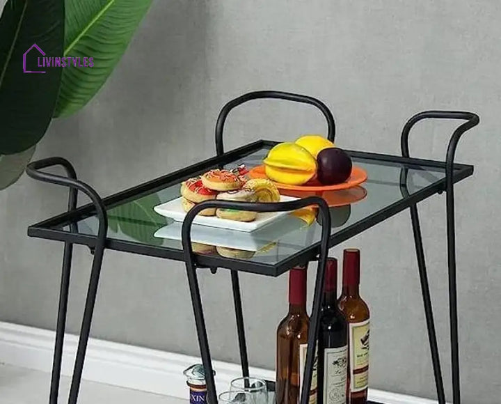 Modern Black Rectangle Trolley With Tinted Glass - 2 Tier Bar Cart Serving Trays