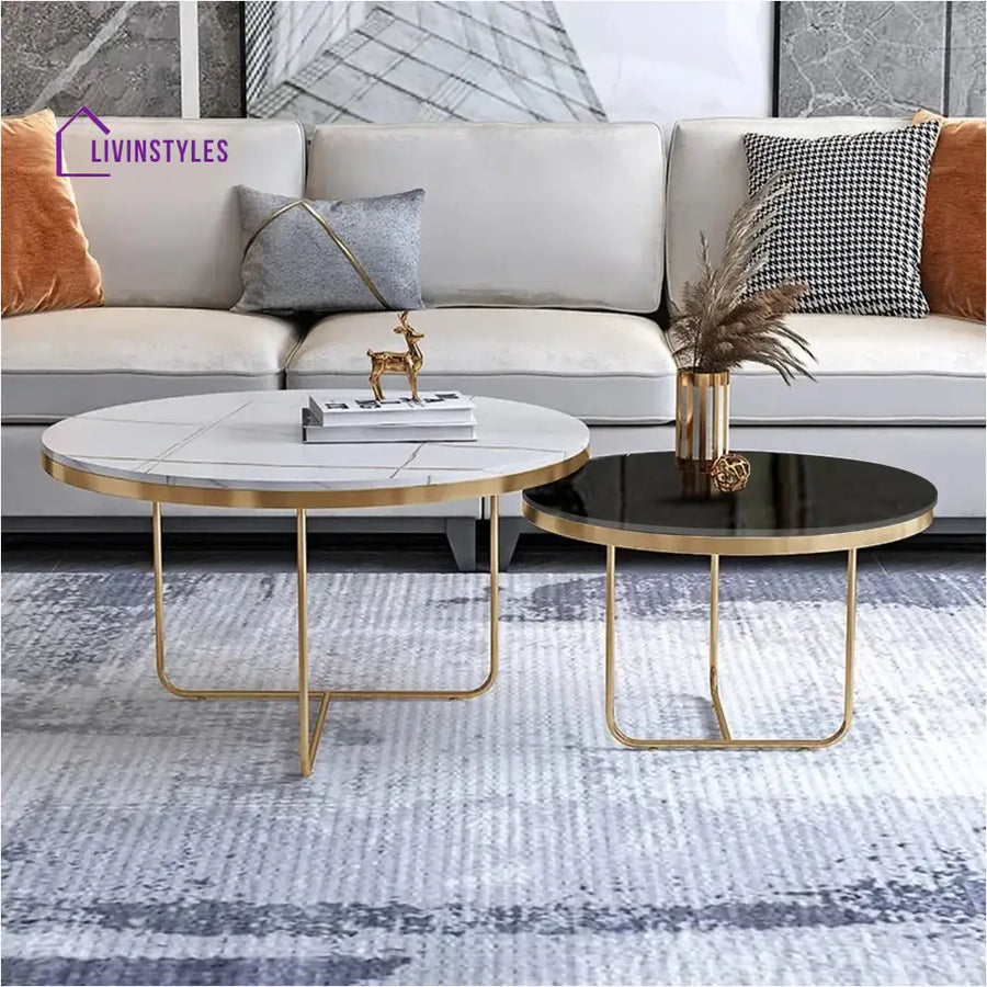 Modern Black & White Round Shaped Nesting Coffee Table Set of 2 Table