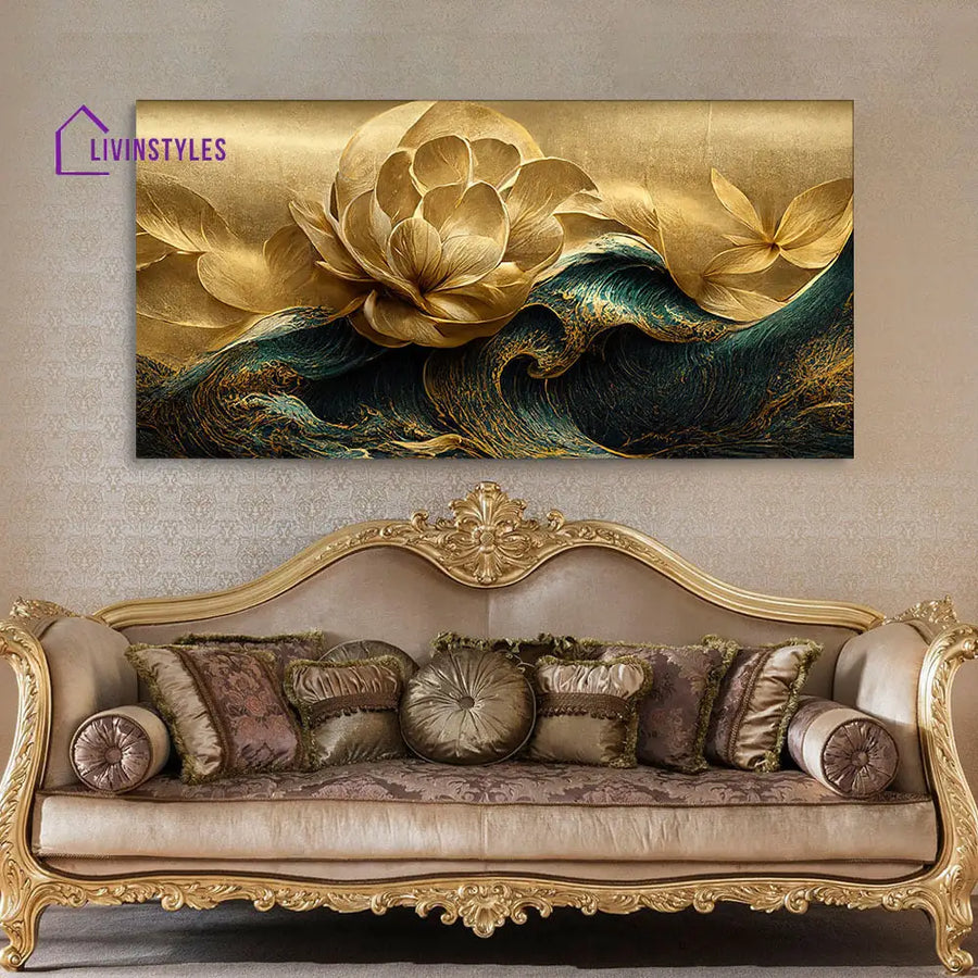 Modern Golden Flower And Waves Canvas Wall Painting