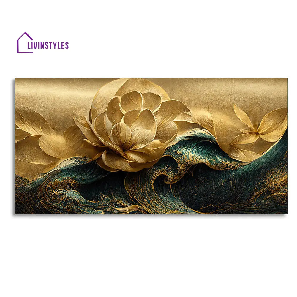 Modern Golden Flower And Waves Canvas Wall Painting