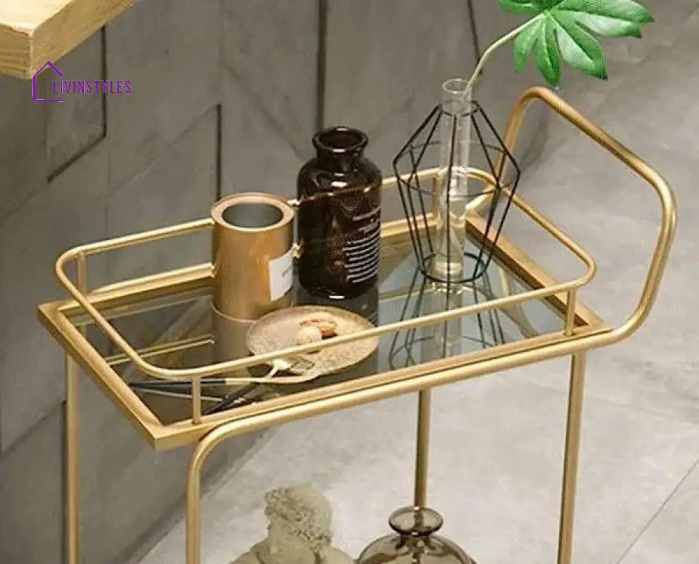 Modern Golden Iron Rectangle Trolley - 2 Tier With Glass Top Serving Cart