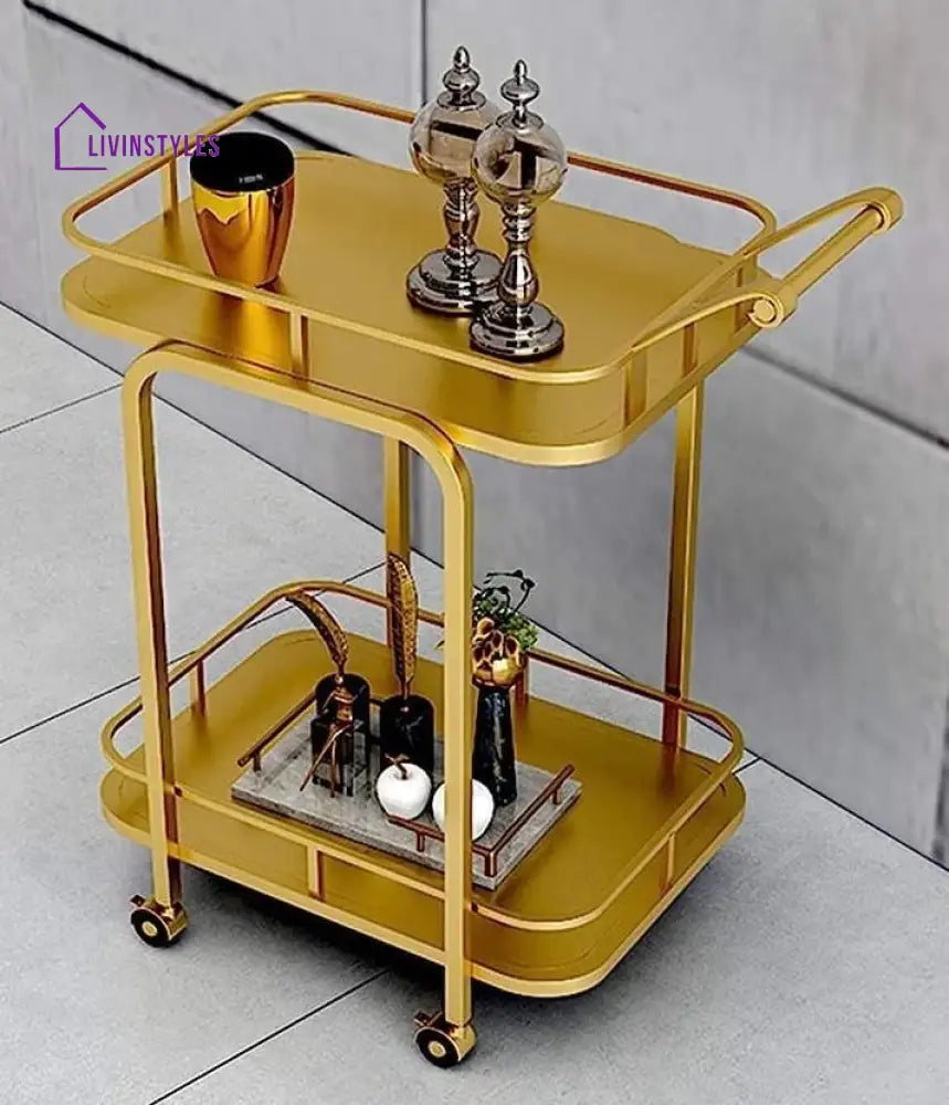 Modern Golden Iron Rectangle Trolley - 2 Tier With Smooth Rolling Wheels Serving Cart