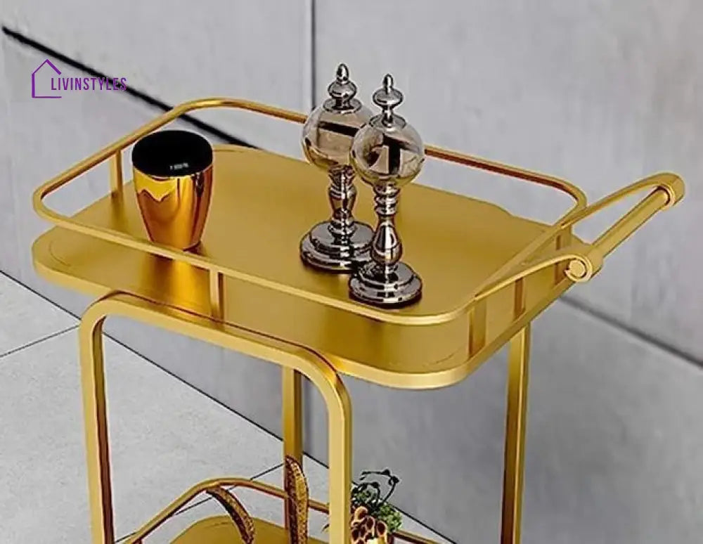 Modern Golden Iron Rectangle Trolley - 2 Tier With Smooth Rolling Wheels Serving Cart