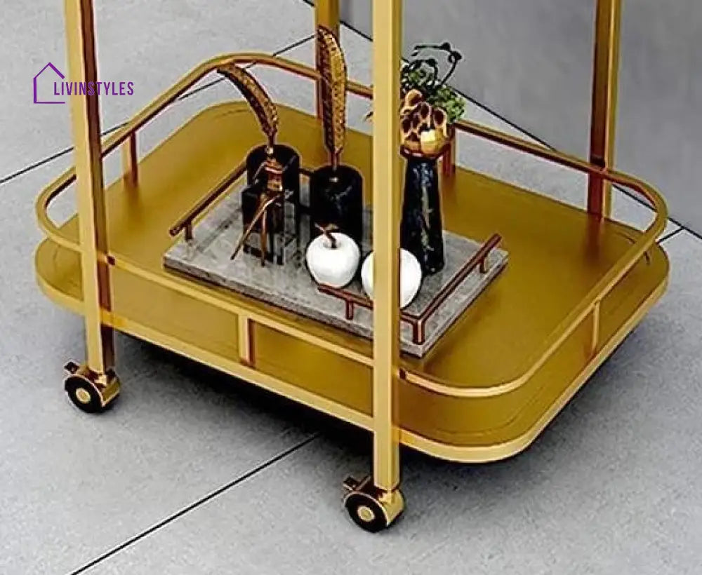 Modern Golden Iron Rectangle Trolley - 2 Tier With Smooth Rolling Wheels Serving Cart