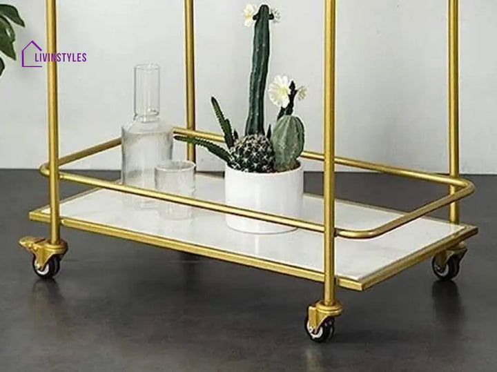 Modern Golden Iron Rectangle Trolley - 2 Tier With White Marble Top Serving Cart