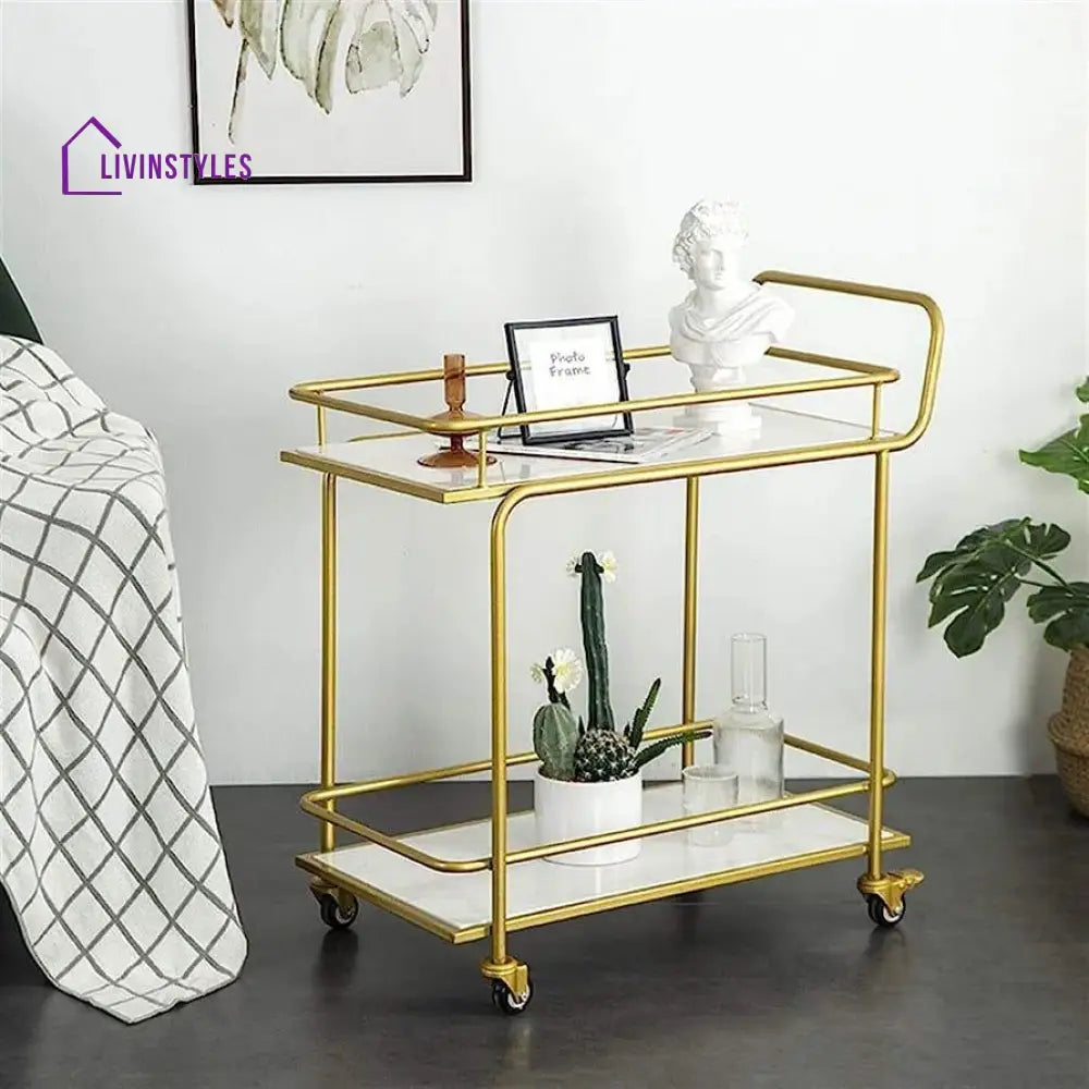 Modern Golden Iron Rectangle Trolley - 2 Tier With White Marble Top Serving Cart