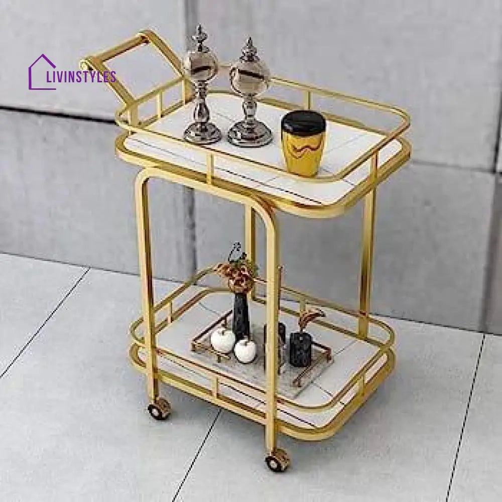 Modern Golden Iron Rectangle Trolley with White Marble Top - Front View