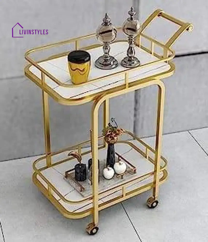 Modern Golden Iron Rectangle Trolley With White Marble Top Serving Cart