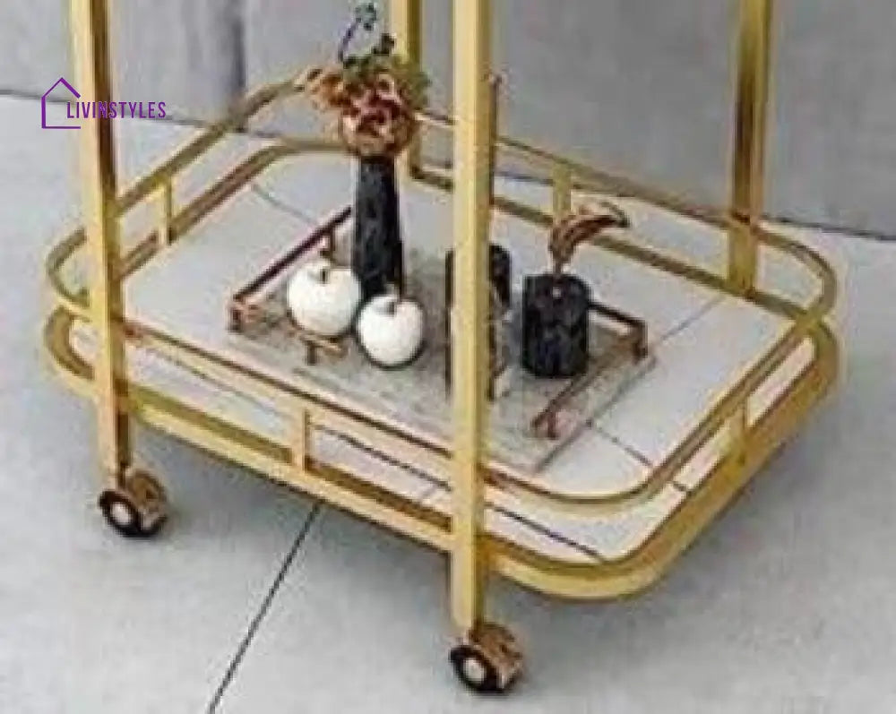 Modern Golden Iron Rectangle Trolley With White Marble Top Serving Cart