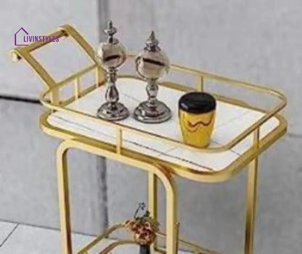 Modern Golden Iron Rectangle Trolley With White Marble Top Serving Cart