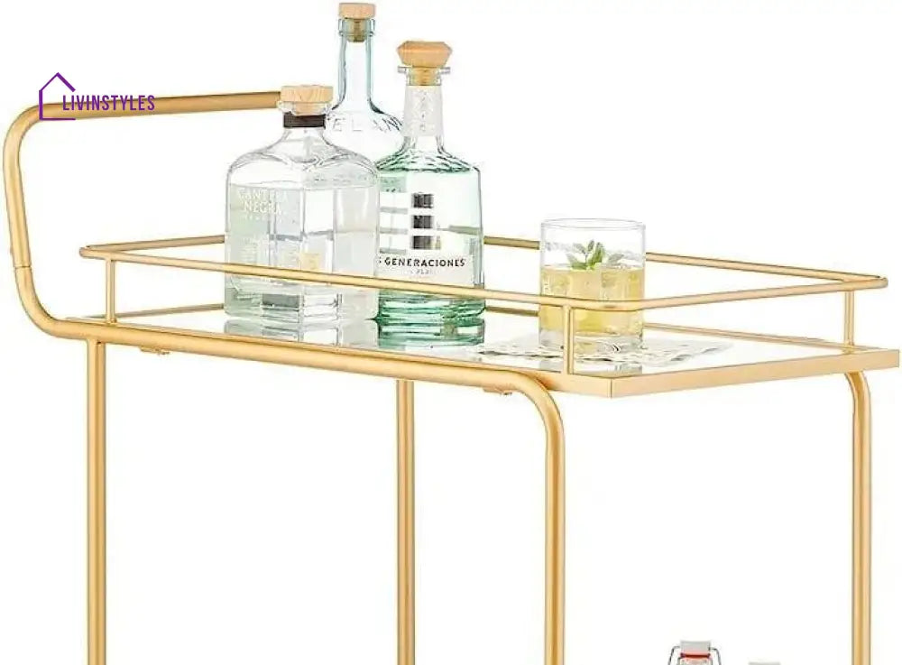 Modern Golden Iron Trolley With Glass Top - 2 Tier Bar Cart Serving Trays