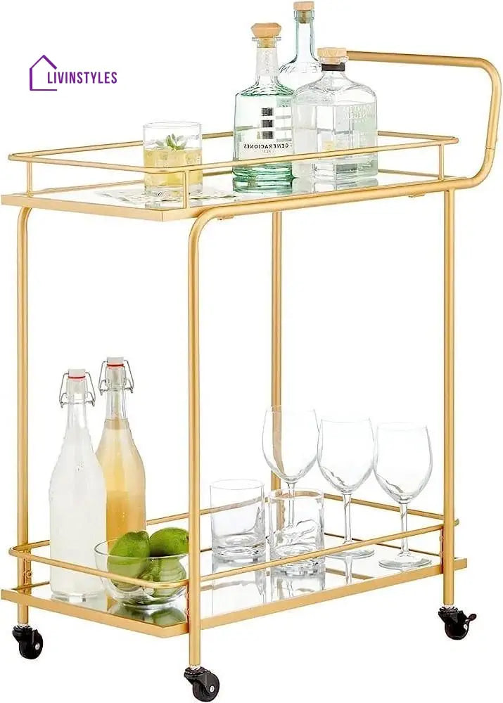 Modern Golden Iron Trolley With Glass Top - 2 Tier Bar Cart Serving Trays