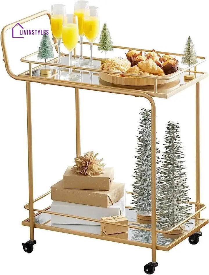 Modern Golden Iron Trolley With Glass Top - 2 Tier Bar Cart Serving Trays