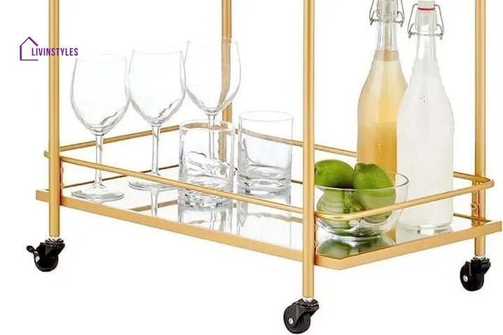 Modern Golden Iron Trolley With Glass Top - 2 Tier Bar Cart Serving Trays