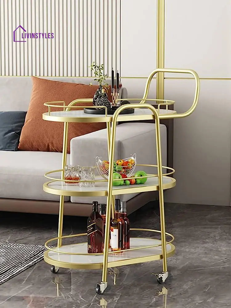 Modern Golden Iron Trolley With White Marble Top - 3 Tier Bar Cart Serving Trays