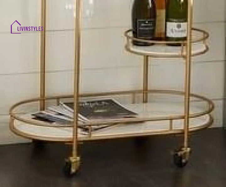 Modern Golden Oval Trolley With Glass Top And Marble Bottom - 3 Tier Bar Cart Serving Trays