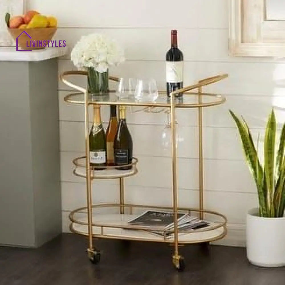 Modern Golden Oval Trolley With Glass Top And Marble Bottom - 3 Tier Bar Cart Serving Trays