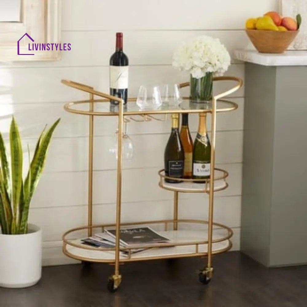 Modern Golden Oval Trolley with Glass Top and Marble Bottom